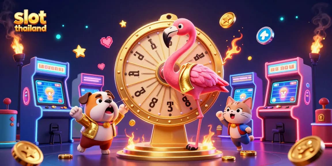 Win big at slot thailand with vibrant gameplay, as the flamingo host spins the prize wheel.