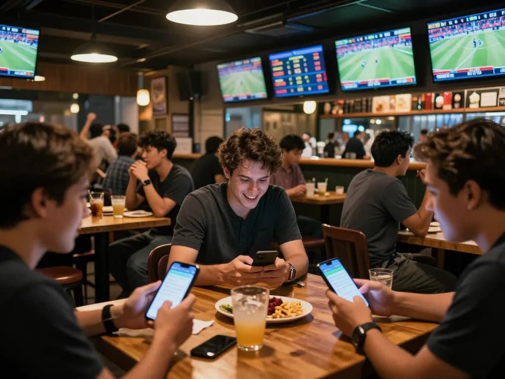Engaged sports bettors analyzing kèo bóng đá odds in a lively bar, enhancing their winning strategies.