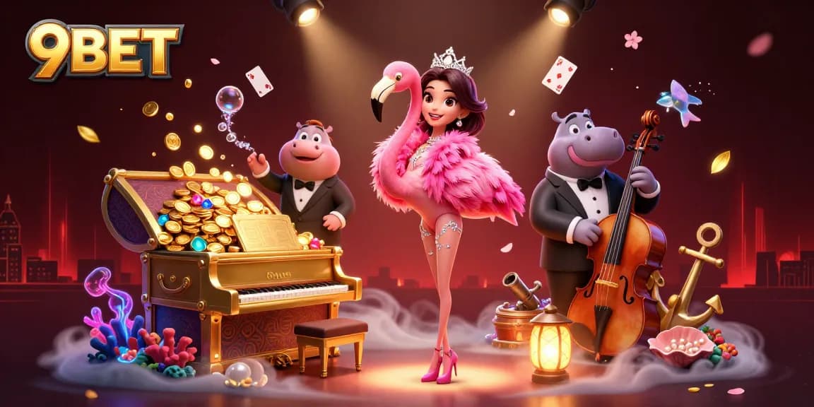 Experience thrilling moments with 9BET while playing in this vibrant casino illustration.