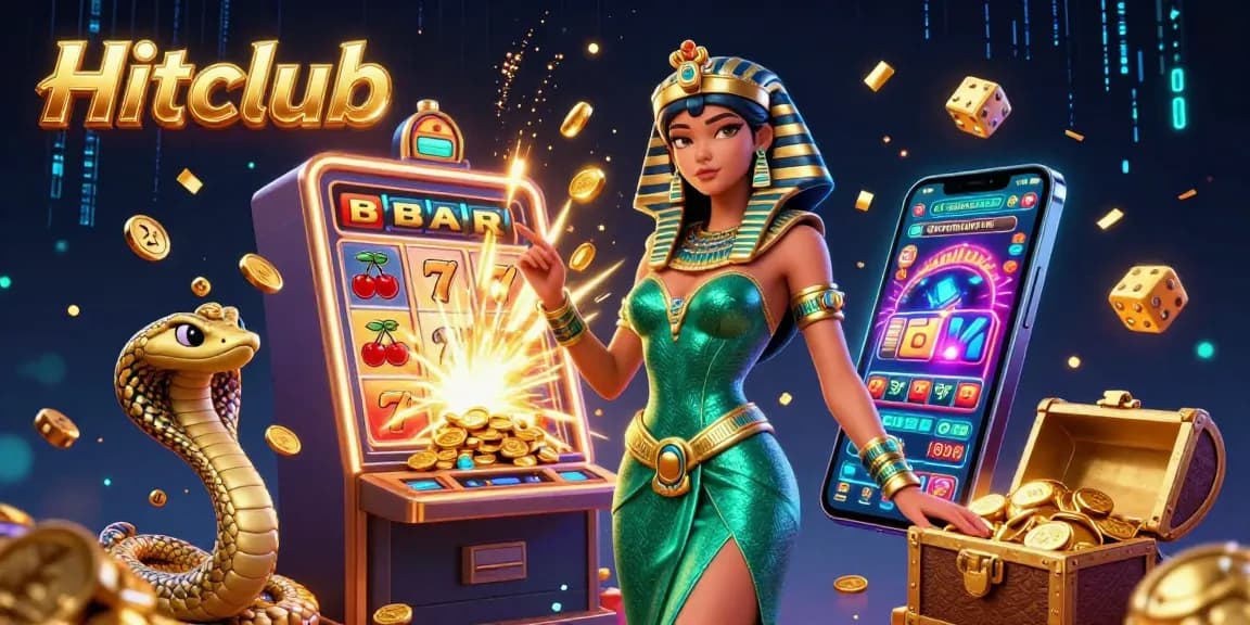 Hitclub offers exciting casino experiences with a captivating woman and a golden cobra amid vibrant jackpot celebrations.