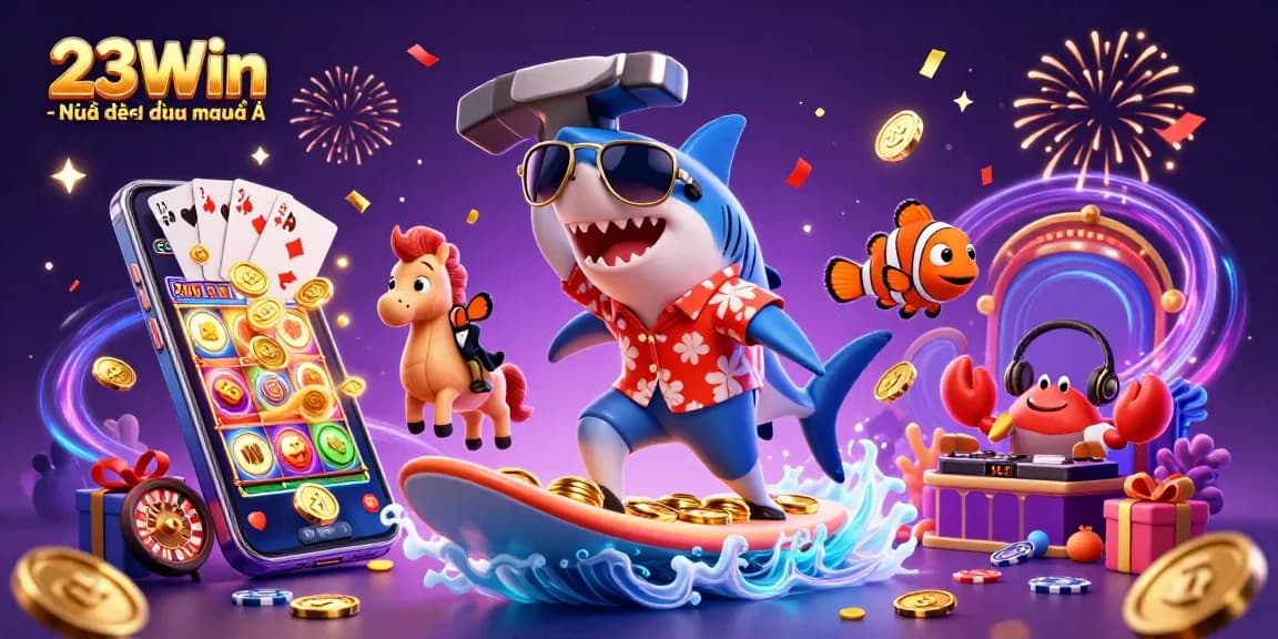 Surf exciting games with 23Win - Nhà cái hàng đầu châu Á as a hammer-head shark and friends enjoy colorful casino fun.