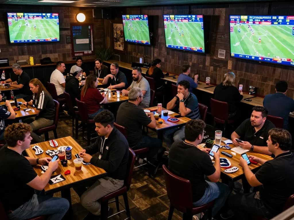 Watch enthusiastic bettors placing wagers on 7m sports events in a lively betting venue