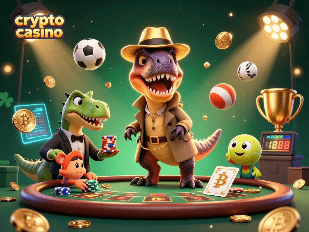 Experience thrilling action at a crypto casino with a clever velociraptor and his watchful stegosaurus boss.