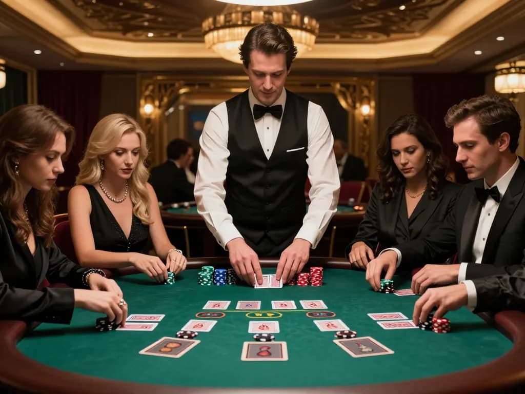 Engaging blackjack game at mb88slot with focused players and professional dealer in a luxurious casino environment