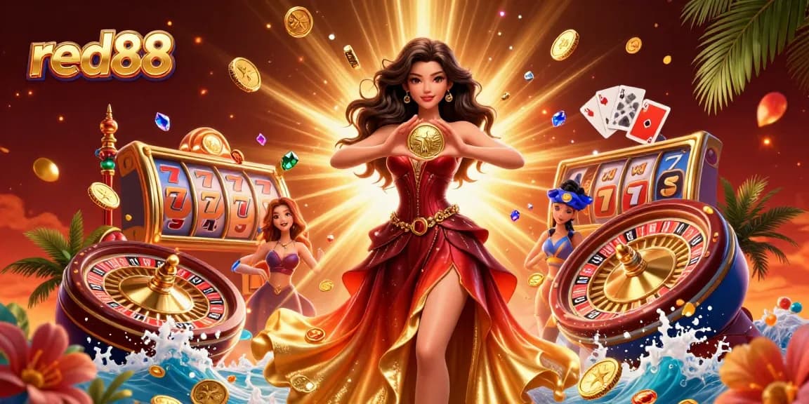 Experience thrilling wins at red88 with a stunning Asian character holding a golden coin amidst exploding slot reels and vibrant casino elements.