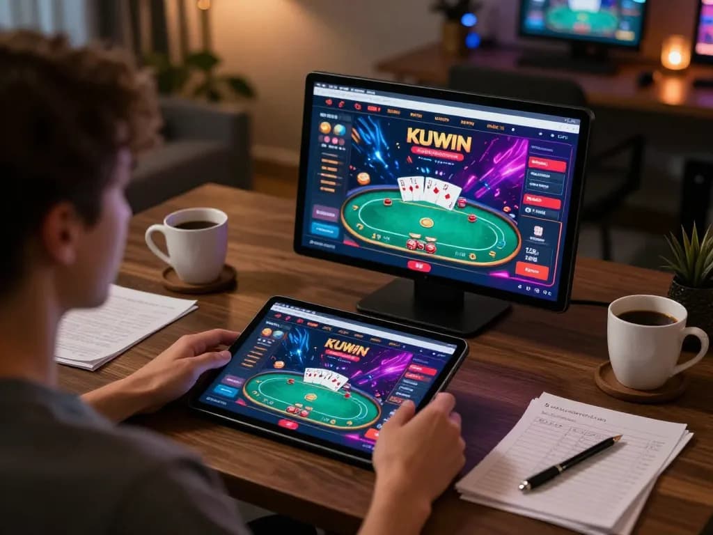 Engaging in a responsible ku win online gaming session with poker on tablet.