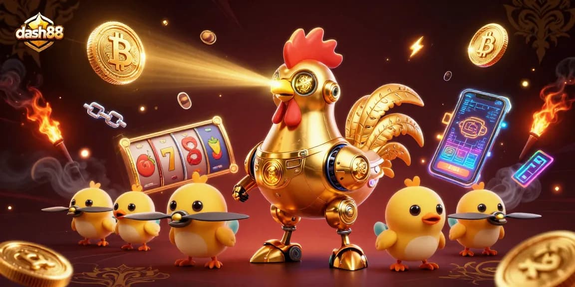 Engage with dash88’s vibrant gaming universe featuring dynamic golden rooster robot amidst neon crypto elements.