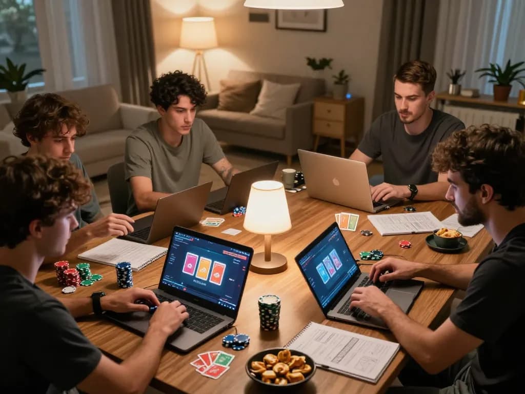 Engaging MM 88 online poker game where players focus on chips and strategies at home.