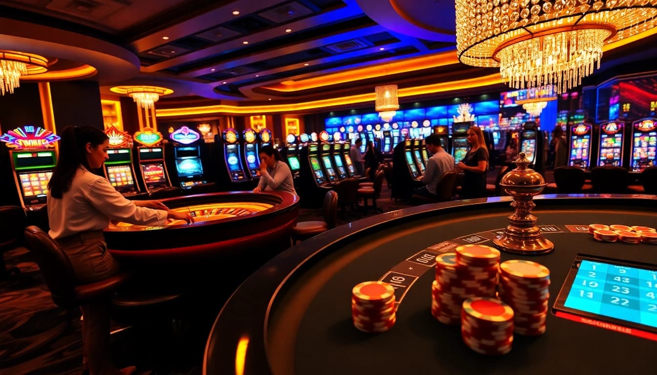 Experience thrilling gameplay at https://onew88.com/ with vibrant casino visuals featuring roulette, slot machines, and excited players.