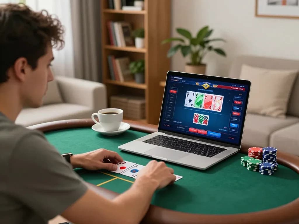 Players immerse in exciting 888vi poker gameplay at home, showcasing smart strategy and cozy environment.