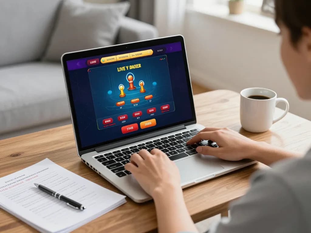 MPO08 player engaged in exciting online casino game at home, focusing on live dealer experience with betting strategy notes.