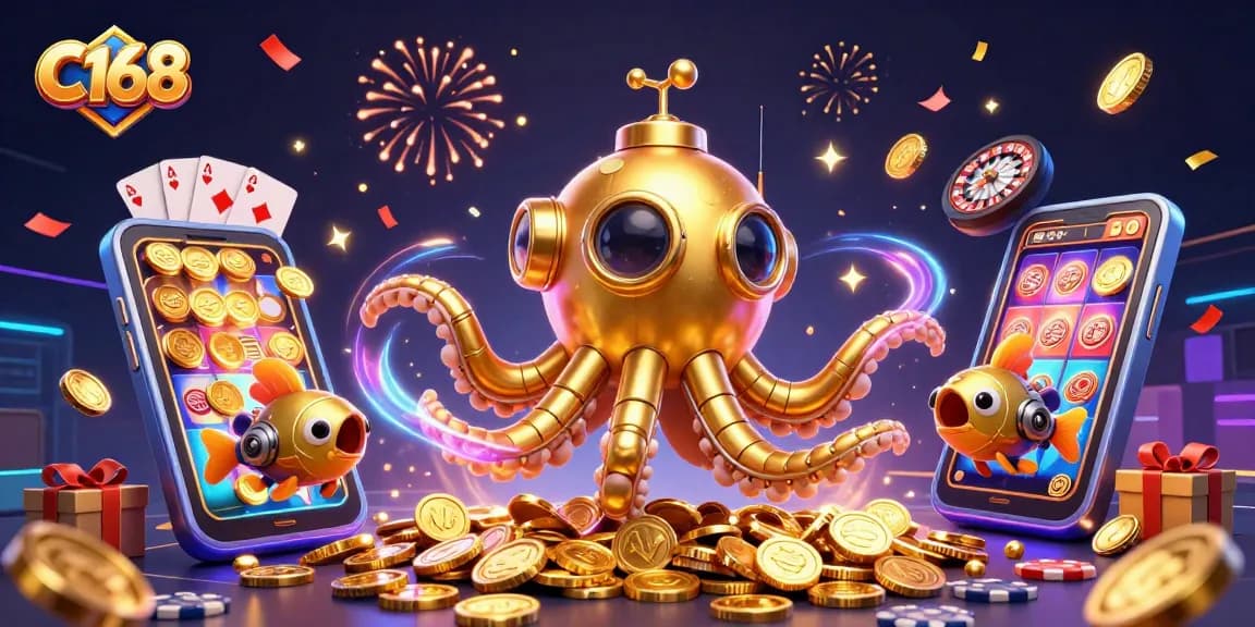 C168 players engage in immersive gaming with a golden kraken submarine in a rich, vibrant casino scene.