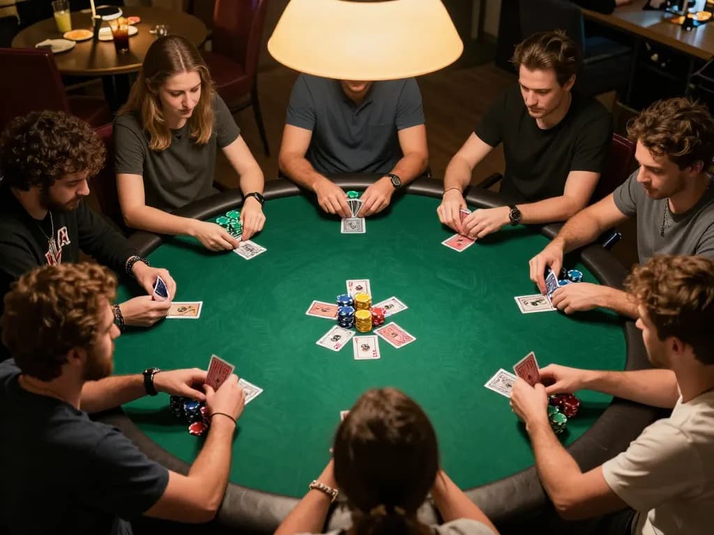 Betmentoto poker game scene with players engaged and chips stacked in a cozy home setting