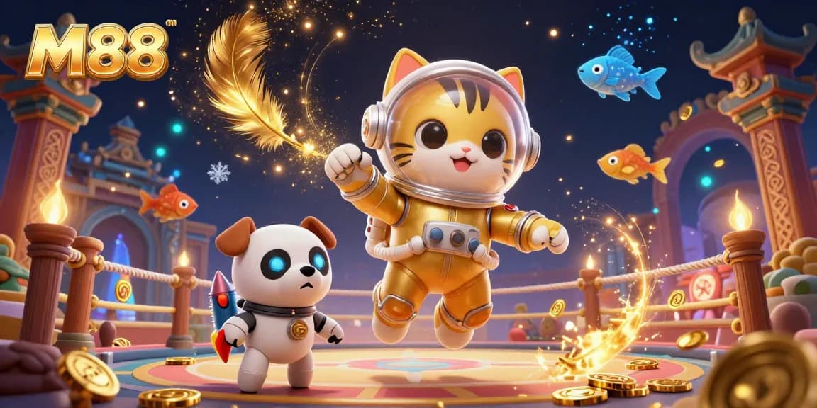 M88's vibrant illustration features a golden-suited astronaut cat and robot dog in a thrilling betting arena.