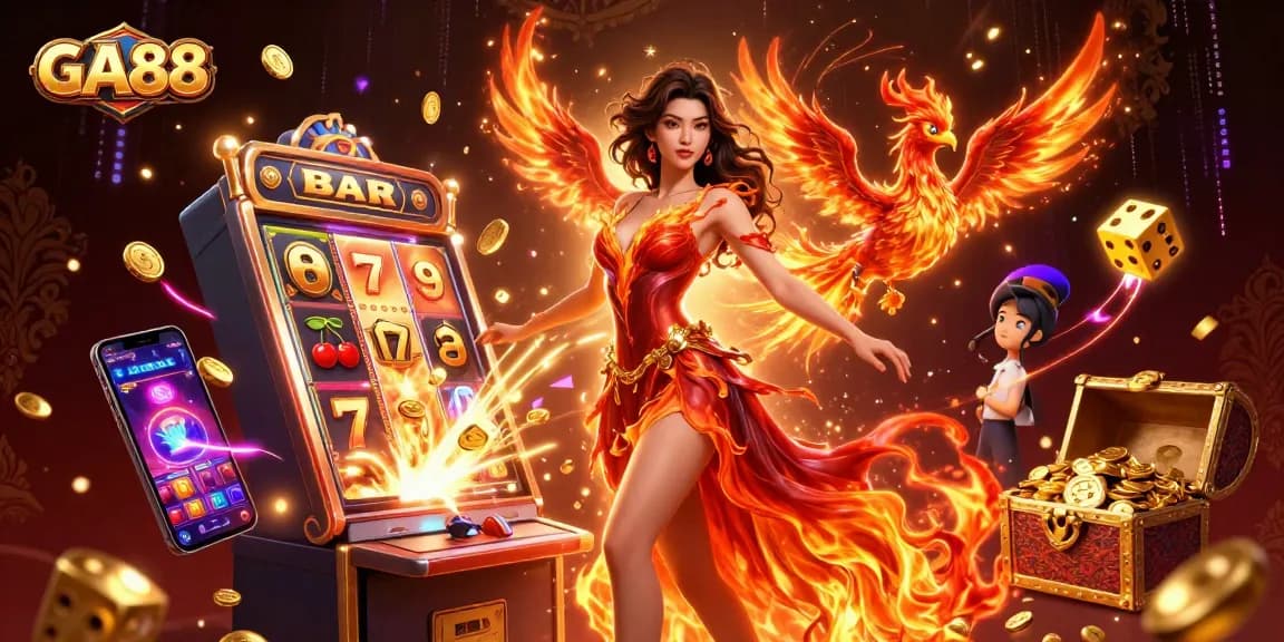 Join the thrilling experience at GA88 with a stunning Asian woman and a fire phoenix amidst a jackpot explosion.