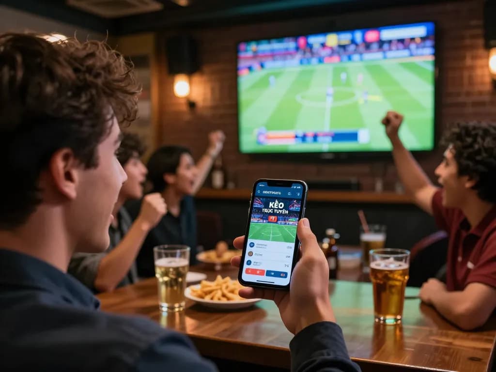 KÈO TRỰC TUYẾN interface displayed on a smartphone during an exciting sports betting moment in a lively sports bar.