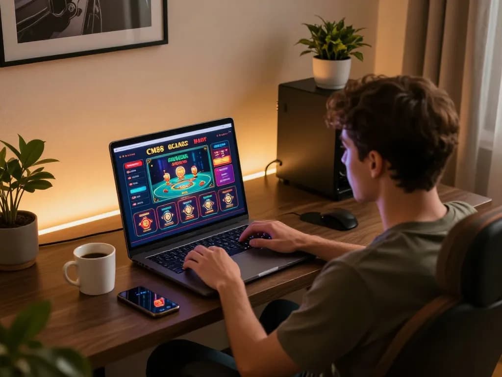 Player enjoying online gaming at CM88 on a stylish laptop in a cozy home environment.