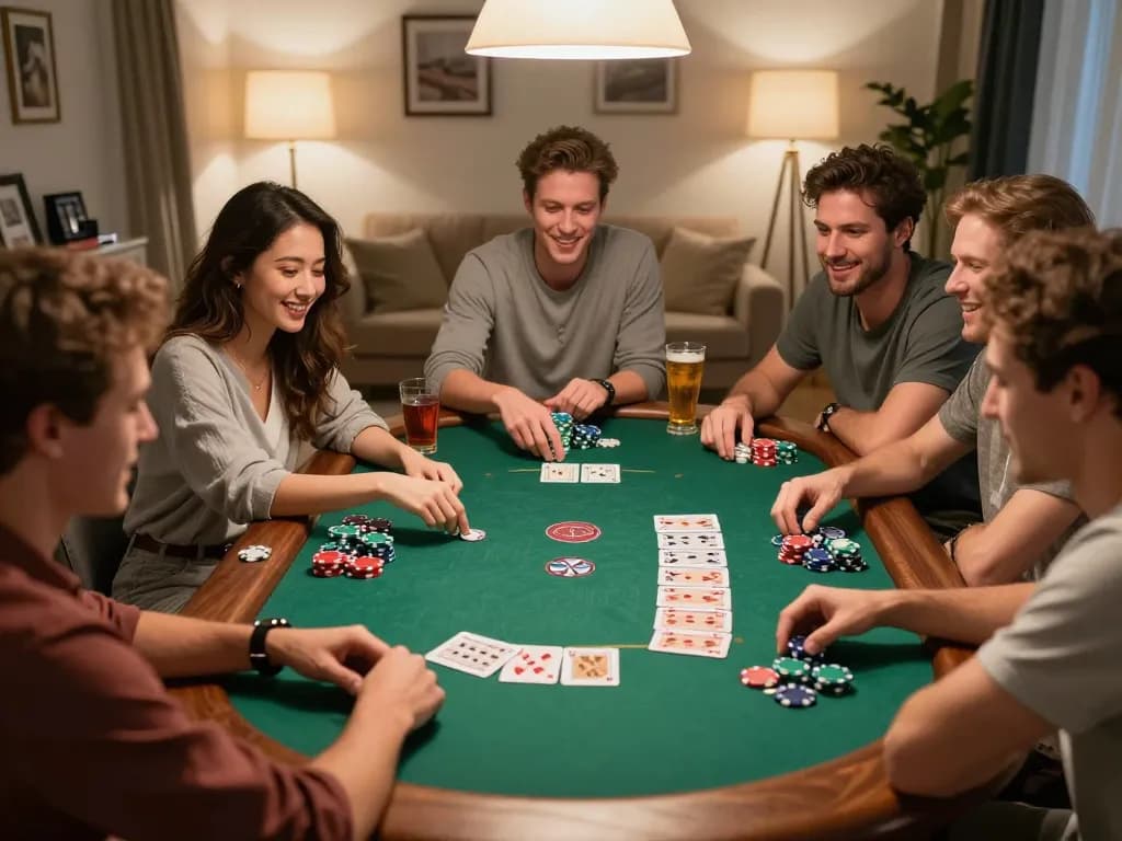 Friends enjoying poker night at home, showcasing lucks8 gaming excitement with vibrant chips and cards.