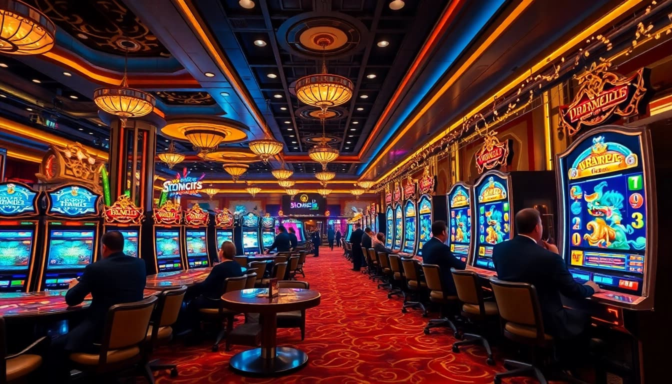 Rasakan sensasi slot88 di kasino mewah, menampilkan mesin slot yang berwarna-warni dan pemain yang antusias.