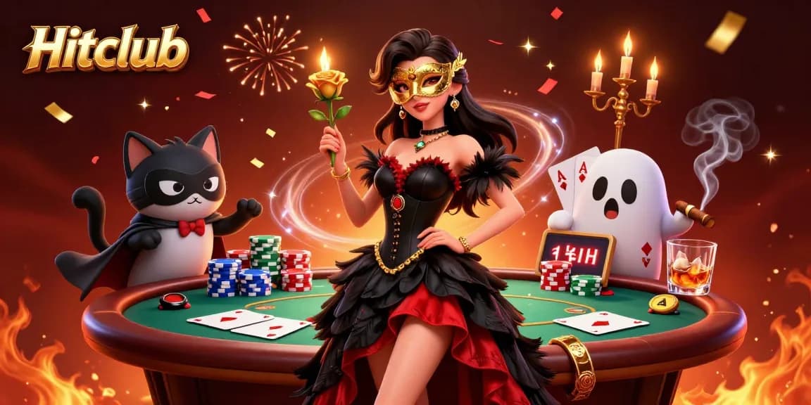 Hitclub showcases a glamorous 3D scene highlighting poker elements, a woman in a black gown, and a phantom cat.