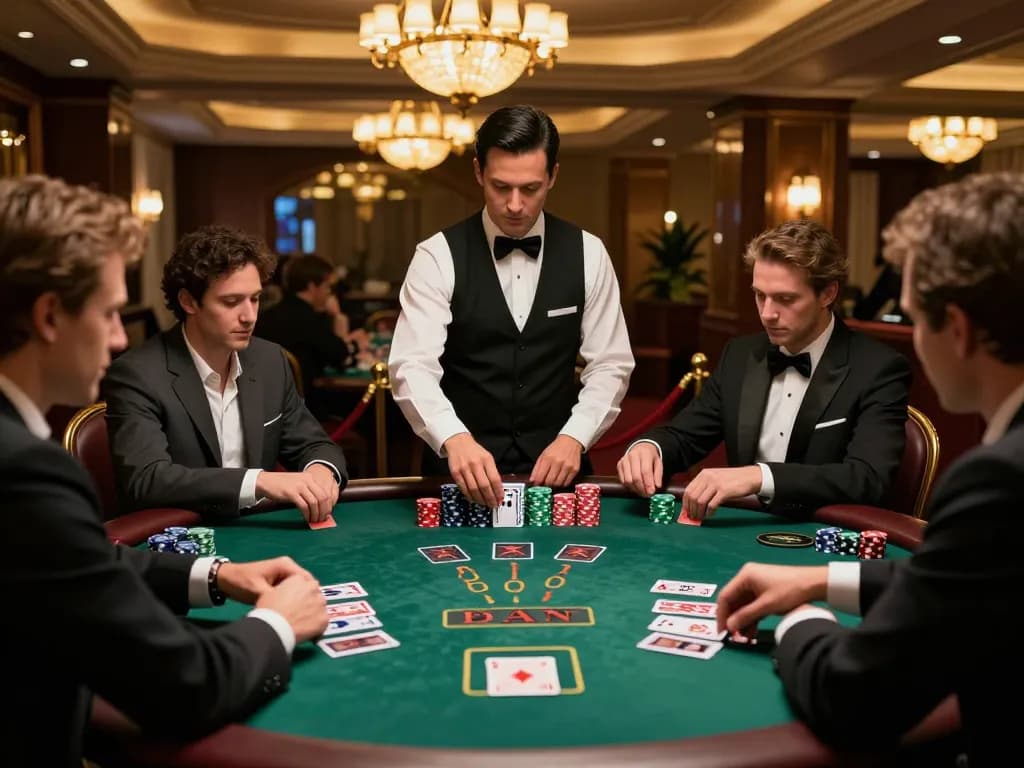 Players strategizing at blackjack table in luxuriously decorated casino at hm88.