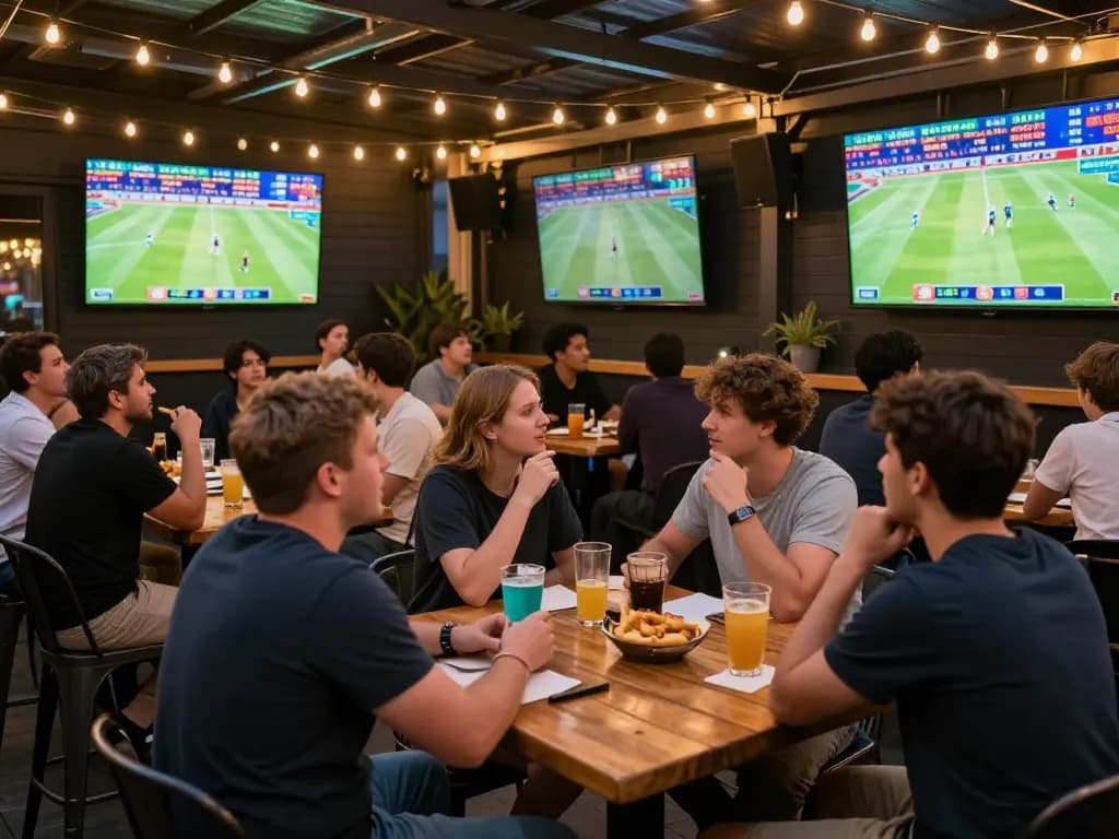 Excited fans engaging in sports betting at 888newcasino, with colorful screens displaying odds and matchups.