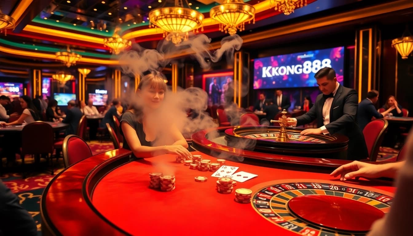 Experience KONG88 excitement at a vibrant casino, showcasing intense poker and roulette games.