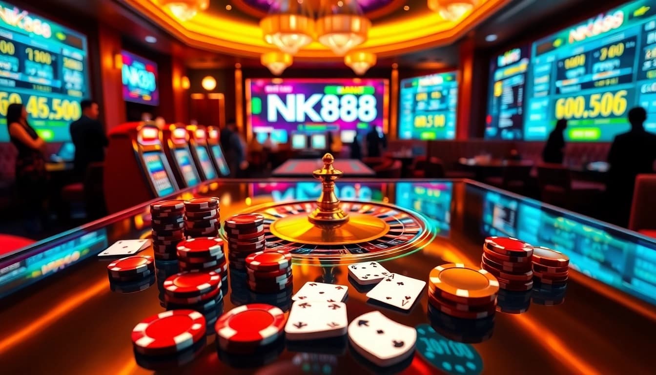 NK888 online casino interface featuring strategic betting with poker chips and roulette