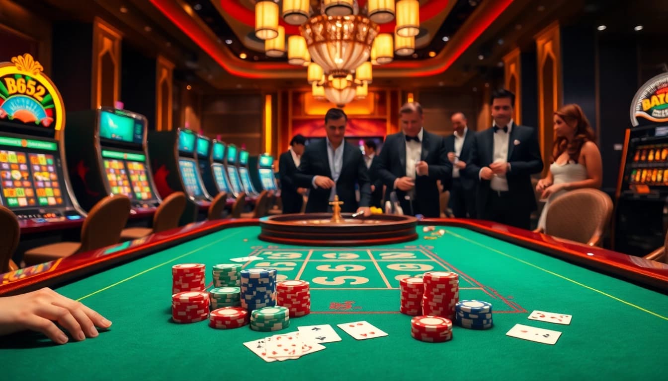 Players enjoying a high-stakes b52 poker game at a glamorous casino table.
