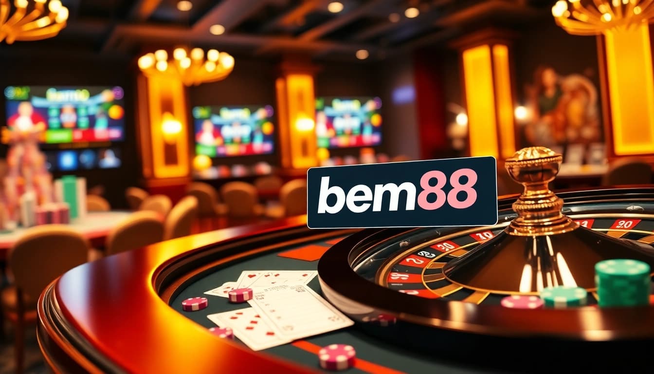 Experience thrilling gameplay at bem88 with a vibrant casino table, poker chips, and cards.