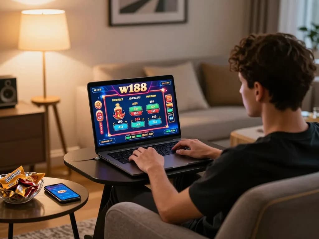 Engaging session on w188 mobile casino app surrounded by snacks and warm lighting
