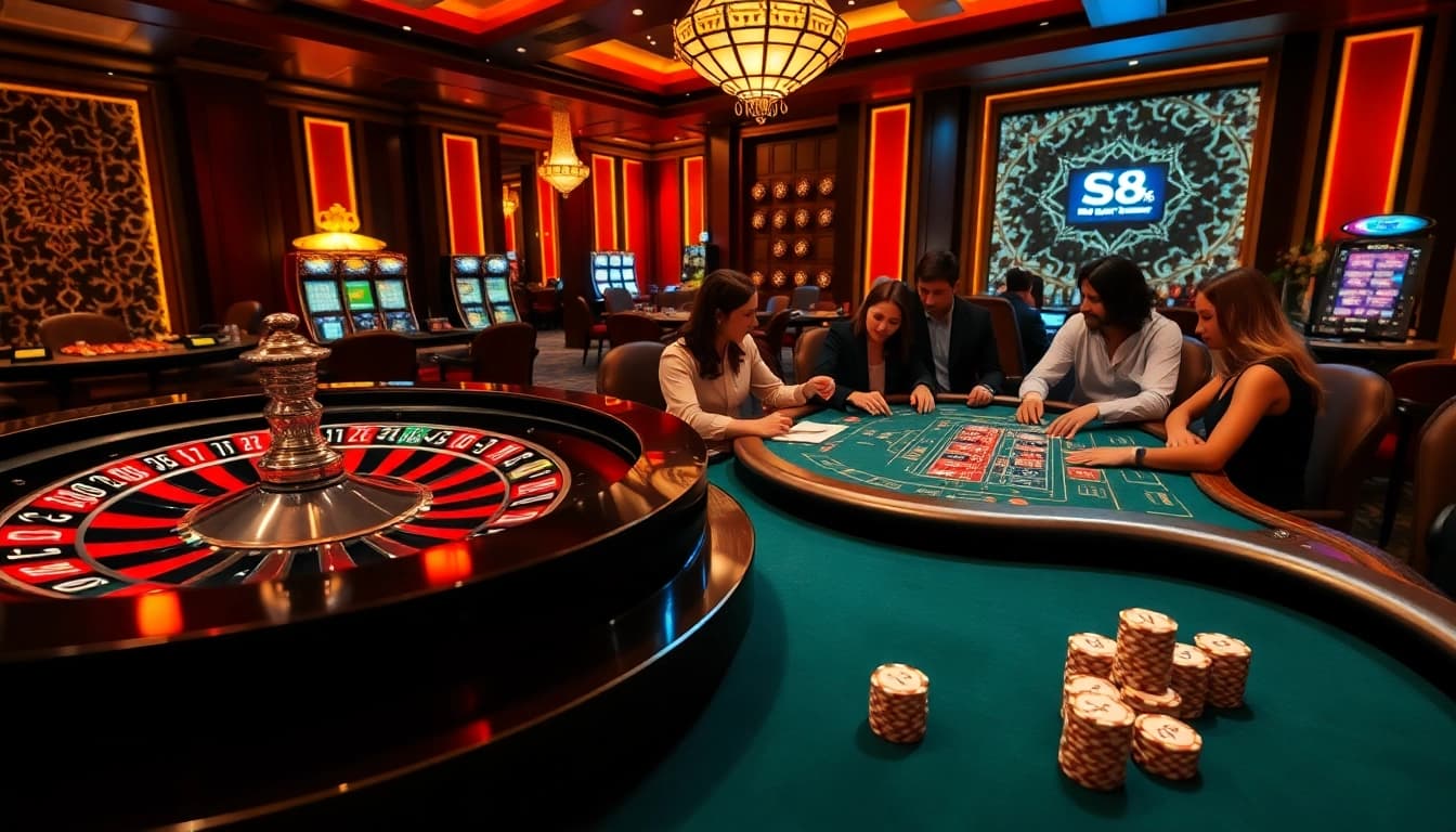 S8-themed casino scene with vibrant roulette wheel, poker table, and excited players betting.
