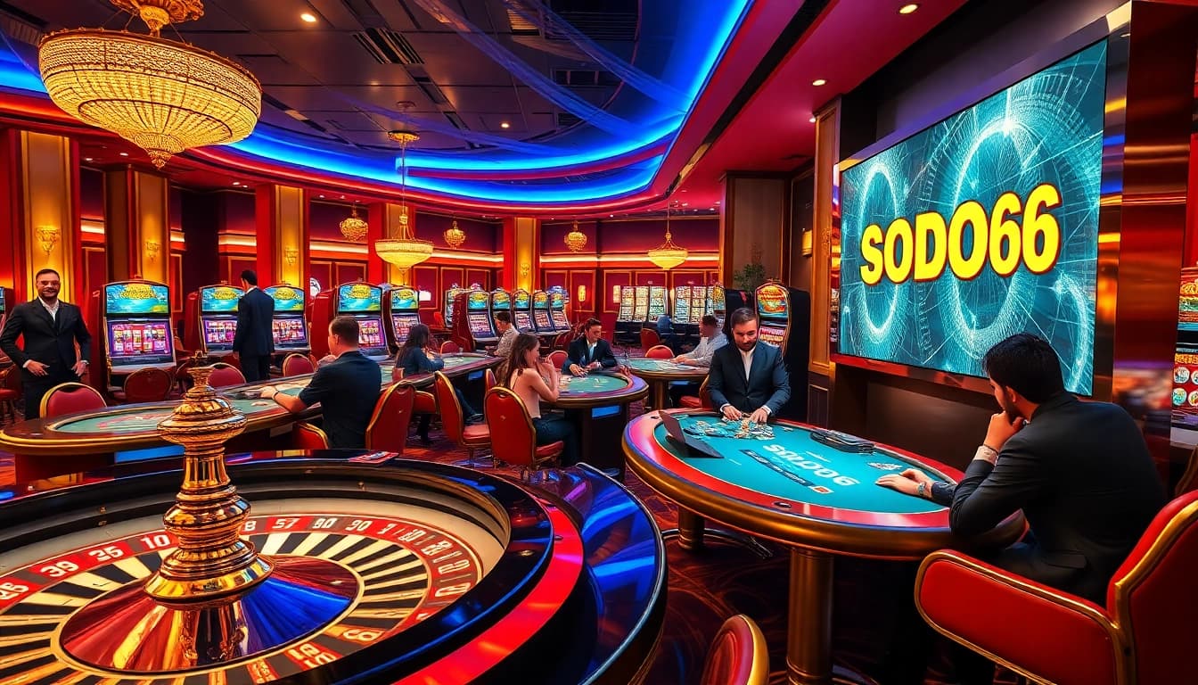 Exciting poker game highlighting SODO66's vibrant casino ambiance with luxury tables and players.