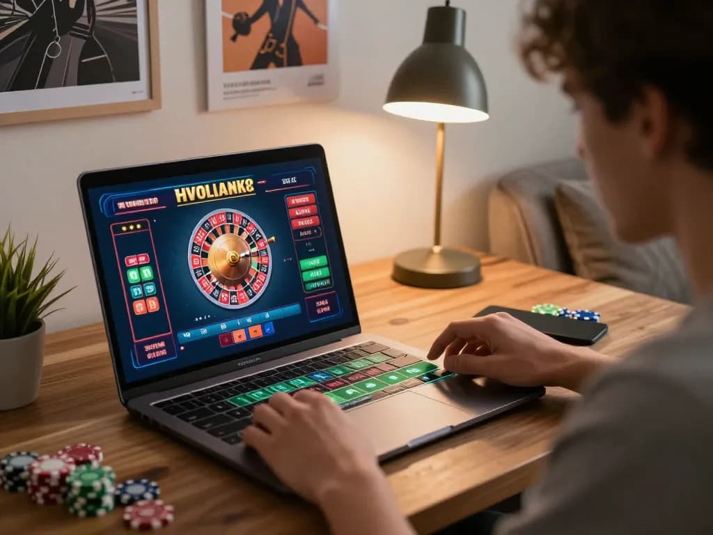 Experience excitement of online casino gaming with 23win roulette on a laptop in cozy home office