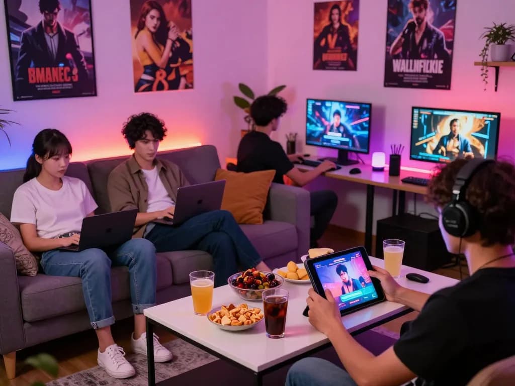 Players immersed in engaging sex games on multiple devices in a cozy gaming lounge.