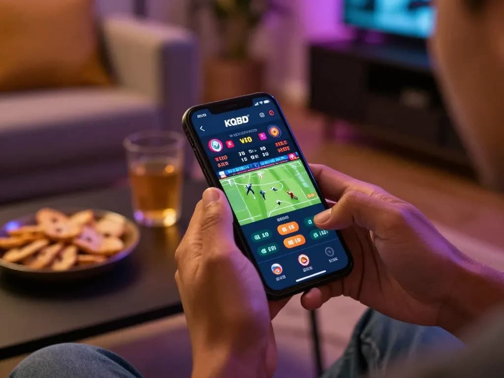 KQBD user actively placing sports bets on smartphone in a cozy home setting