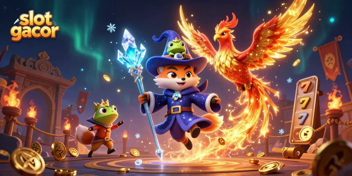 Experience the excitement of slot gacor with a mystical wizard fox and phoenix in an enchanting casino scene.