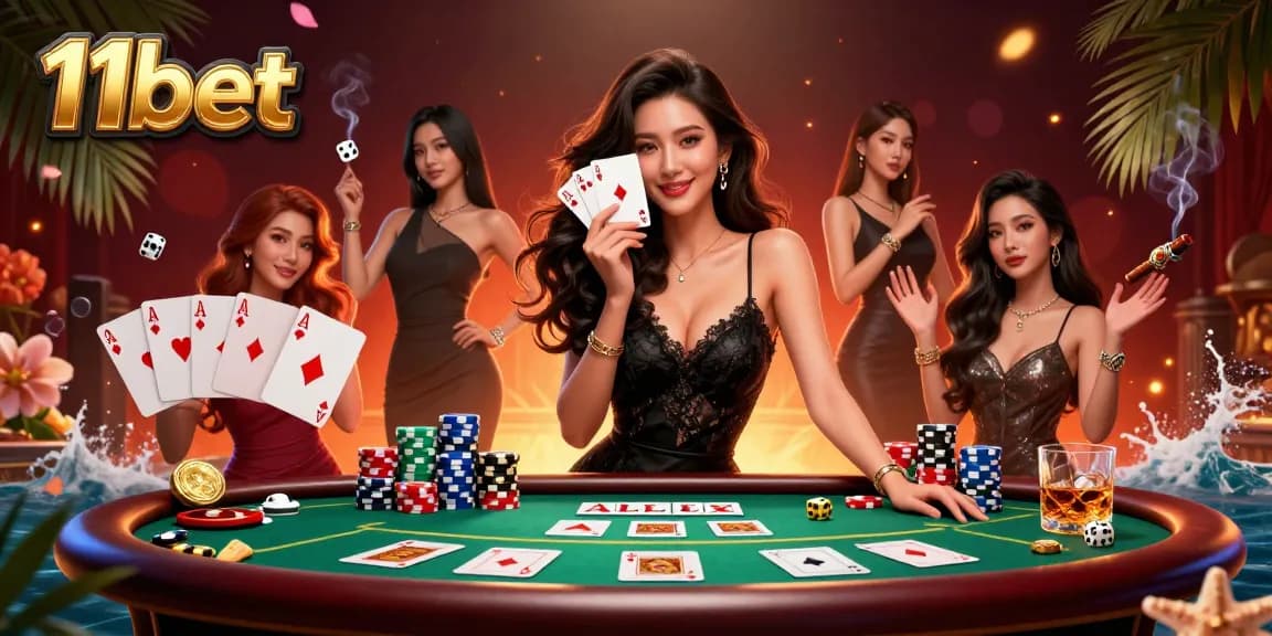 Experience the thrill of gaming at 11bet with an elegant woman holding winning cards.