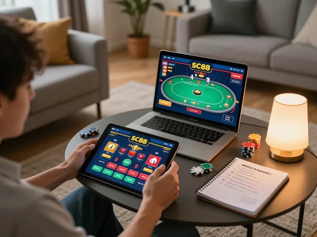 Player engaging with SC88 online gaming platform on tablet, showcasing poker gameplay in cozy atmosphere