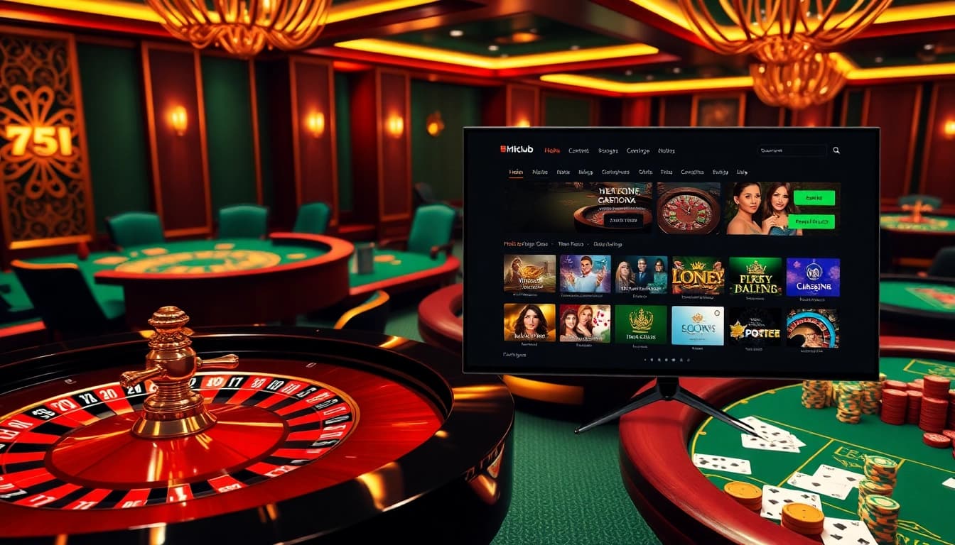 Play thrilling games at https://hitclub9.vip/ with vibrant casino tables and roulette wheels.