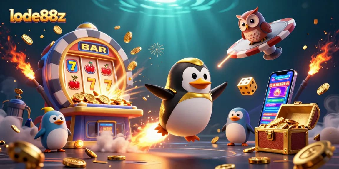 Experience the excitement of lode88z with a gold-laden penguin soaring toward a dazzling casino!