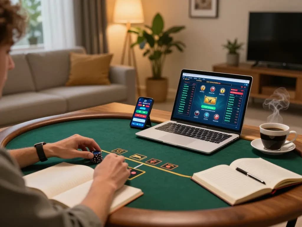 Engaging in online poker gameplay on a laptop while using the sun win betting app.