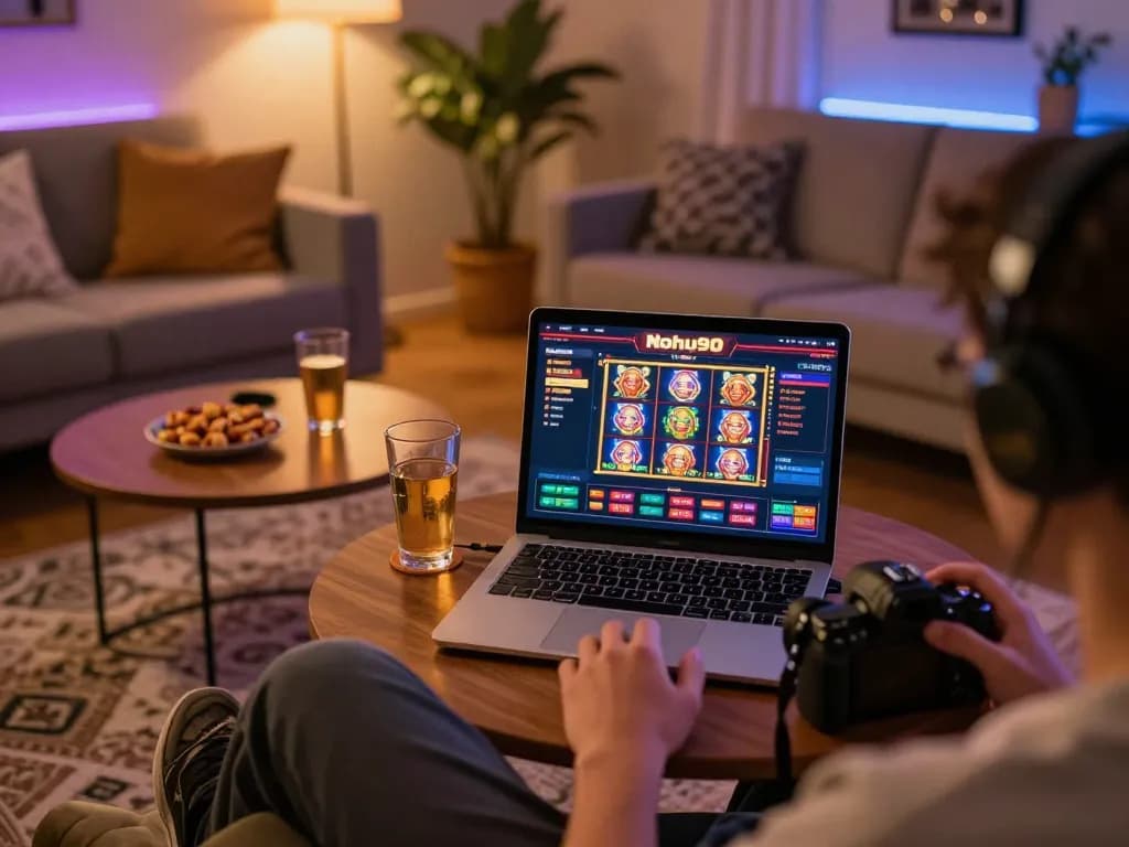 Nohu90 online gaming setup featuring engaging slot games on laptop in a cozy home environment