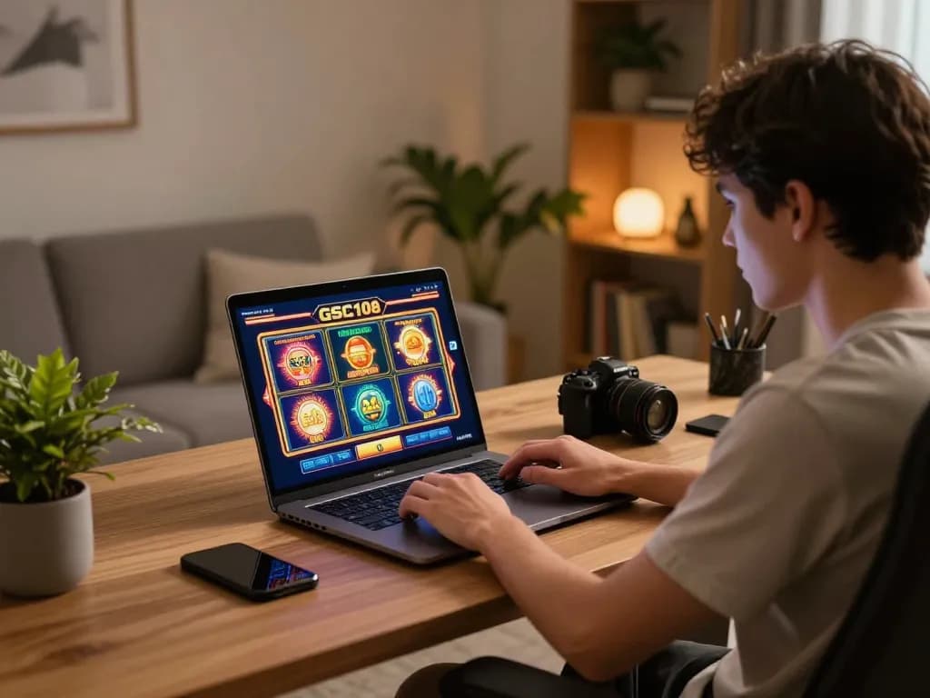 Terlibat dalam permainan online dengan Gsc108 Daftar yang ditampilkan di layar laptop, menerangi kantor rumah yang stylish.