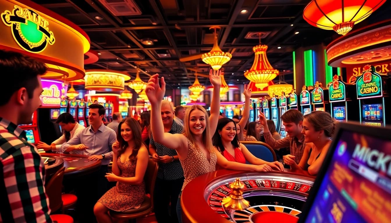 Spieler bei casino spielen in einem bunten Casino voller Energie und Freude.
