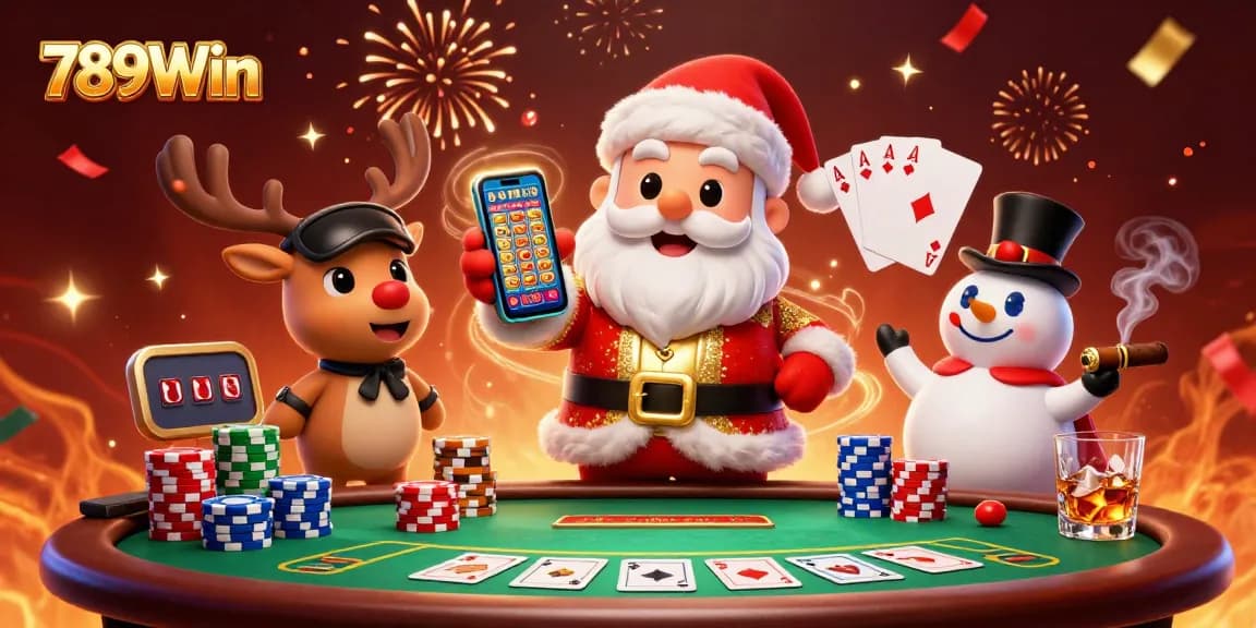 Experience the excitement of 789Win with Santa and friends at a vibrant casino scene!