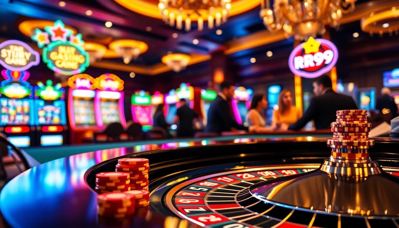 Play exciting games with RR99 poker chips at a vibrant casino table.