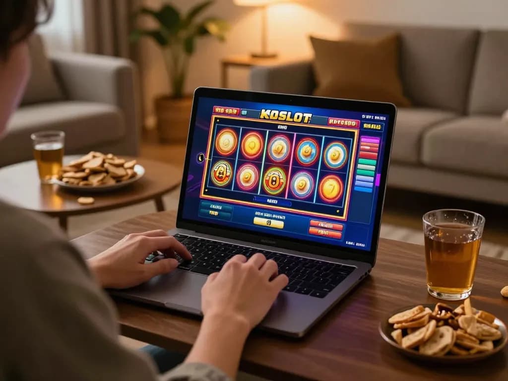 Engaging online kdslot gaming experience with player using laptop at home