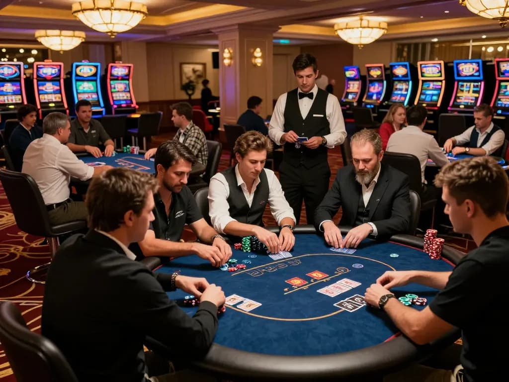 Players engaged in a strategic Poker88 Alternatif Link game at a luxurious casino table, showcasing chips and cards.