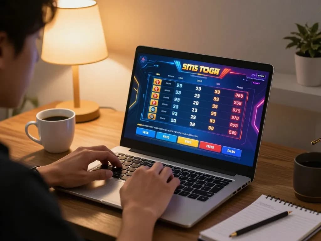 permainan situs togel di laptop menunjukkan grafik yang cerah dan angka kemenangan saat pemain menganalisis strategi.